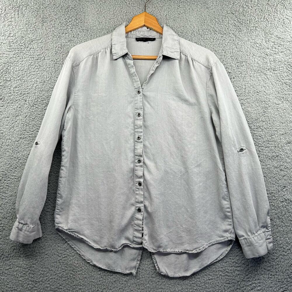 JANE & DELANCY Lyocell Button Up Shirt S Small Gray Western Boho Split Back